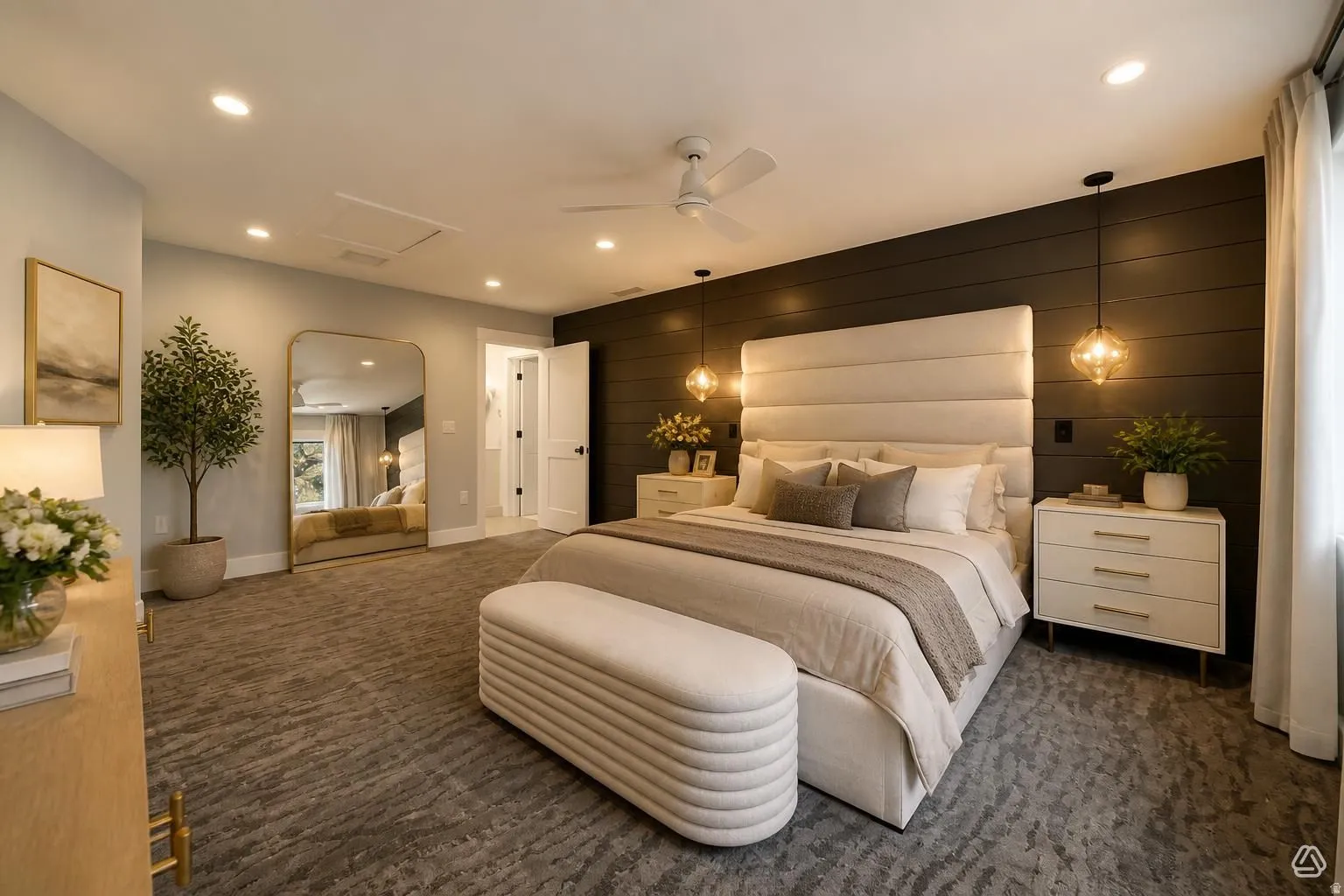 Recessed lighting, ceiling fan, shiplap accent wall, patterned carpet, and built-in closet with white doors