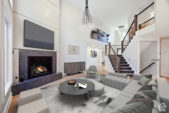Vaulted ceiling with a contemporary chandelier