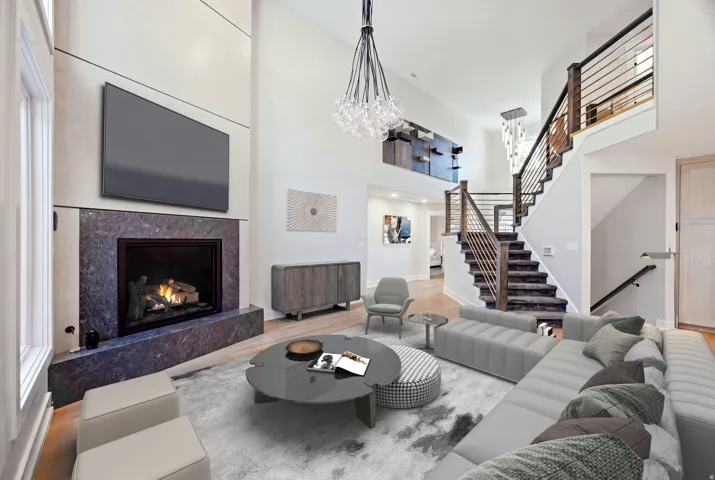 Vaulted ceiling with a contemporary chandelier