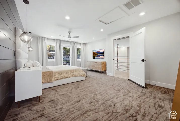 Recessed lighting, ceiling fan, and modern pendant lights