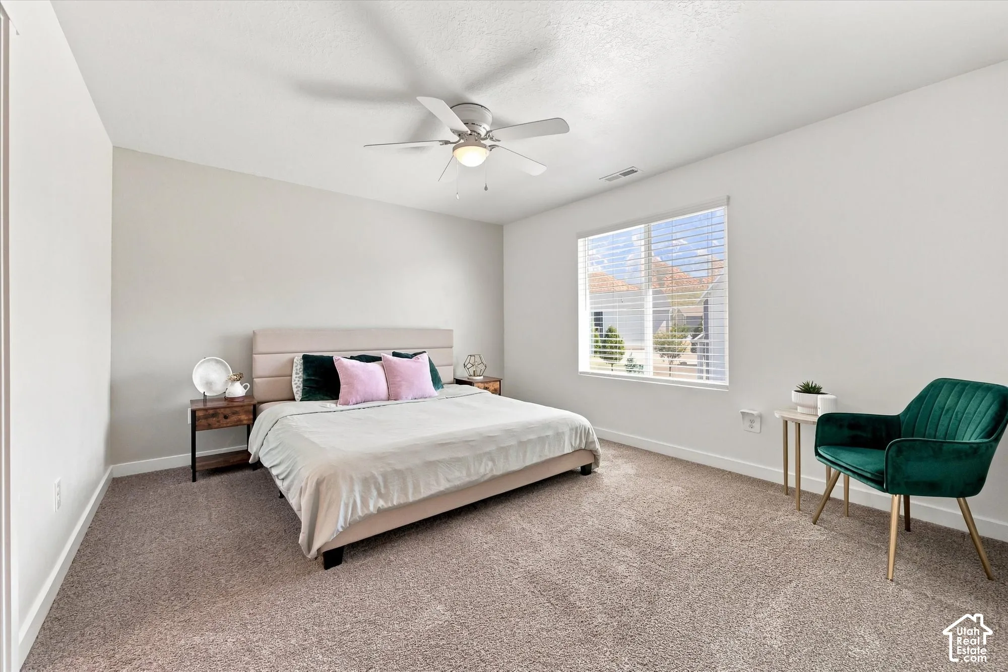 Primary bedroom Wall-to-wall carpeting with light-toned walls