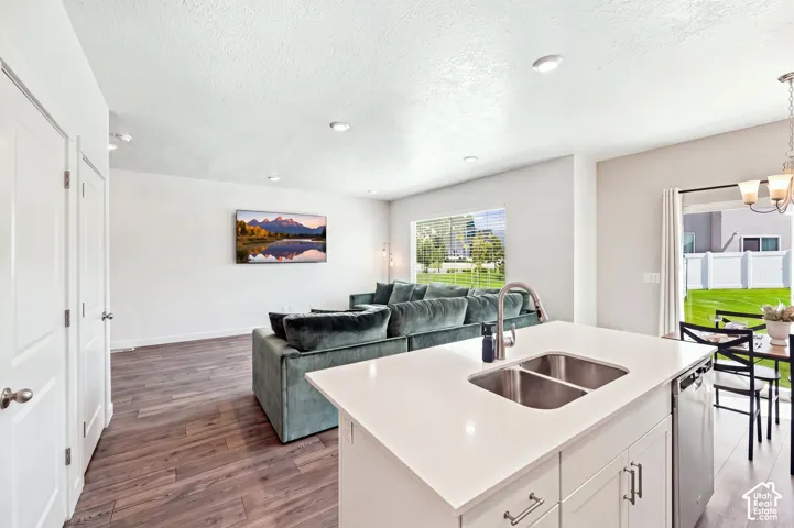 Bright open-concept space featuring wood-finish flooring, recessed lighting, a white kitchen island with an undermount double sink, and direct access to an outdoor area with a manicured lawn "wall color is altered"