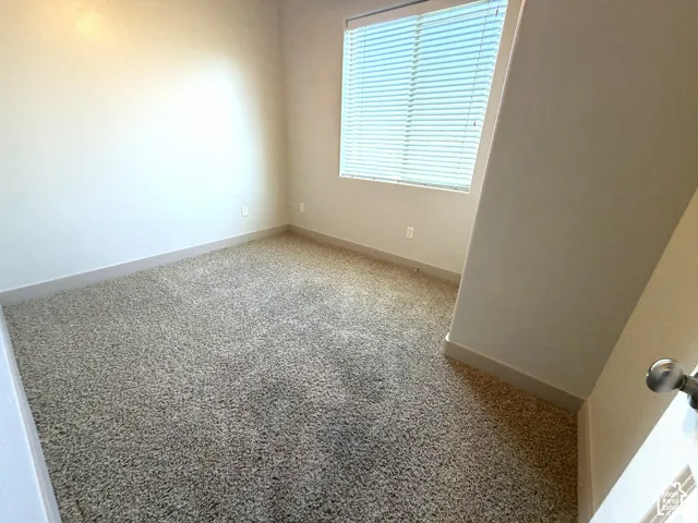Light-colored wall finishes, window with horizontal blinds, and textured carpeting