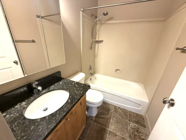 Bathroom featuring a wood-finish vanity with a dark countertop and an oval undermount sink