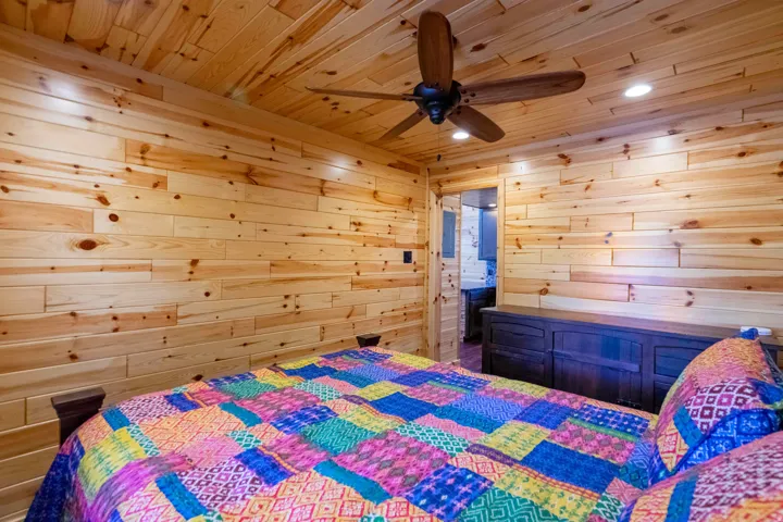 Wood-paneled walls and ceiling