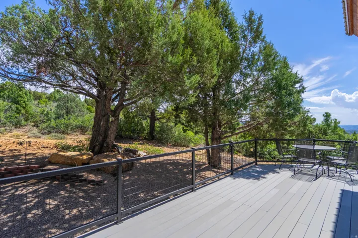 Light grey composite decking with black metal railing, overlooking mature trees and a scenic landscape