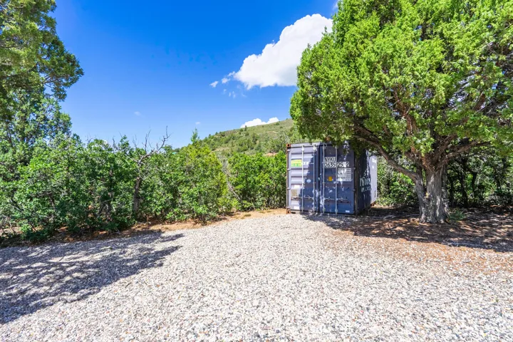 Gravel ground cover with mature tree and green shrubbery