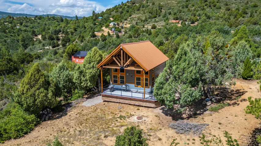 Wood-sided cabin featuring a metal roof, prominent front deck with railing, and surrounded by mature trees