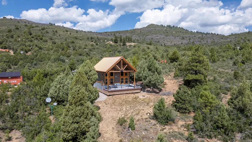 Wood-sided cabin with a gable roof, covered porch, and exposed wood beams, set on a natural terrain with abundant trees