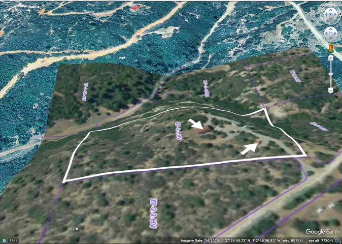 Aerial Property View. Displaying the boundaries and topography of the property with identified structures