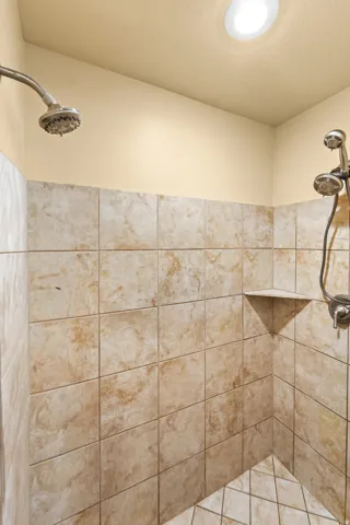 Master Bathroom Tiled shower with a built-in corner shelf and dual shower heads, featuring a recessed ceiling light