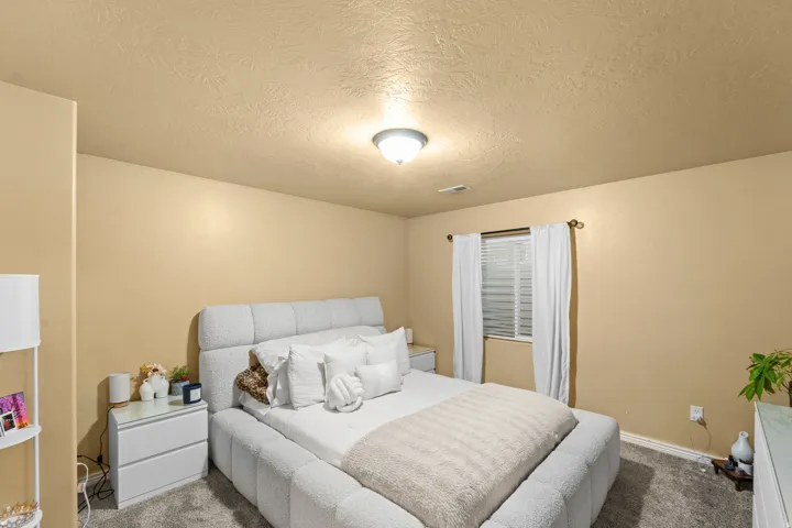 Recessed window with white blinds and curtains, wall-mounted ceiling light fixture, neutral-toned walls, and carpeted flooring