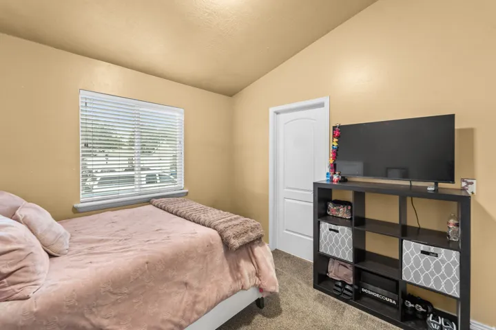 Carpeted flooring paired with a window featuring horizontal blinds