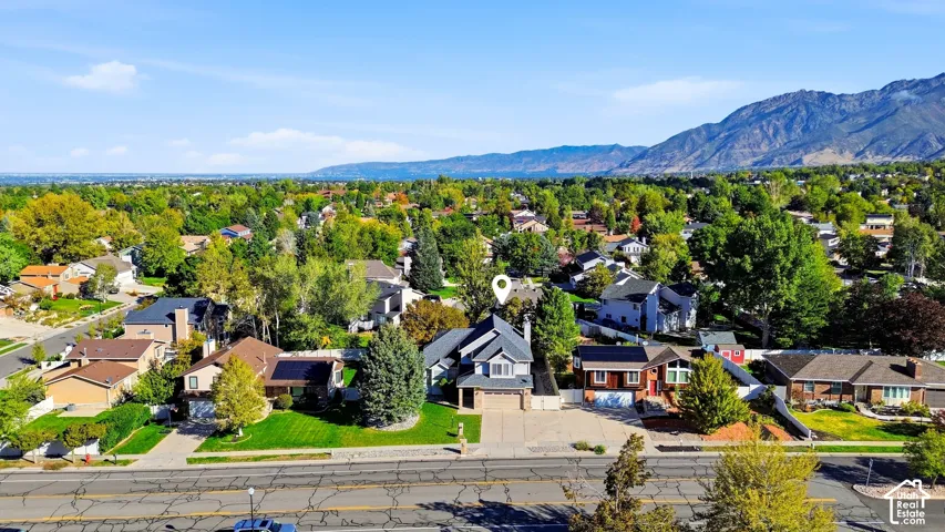 Aerial perspective of a neighborhood with lush tree coverage and distant mountains