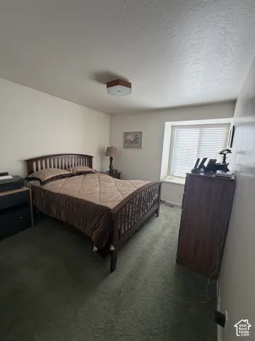 Recessed window with blinds, wall-to-wall carpeting, and flush mount lighting