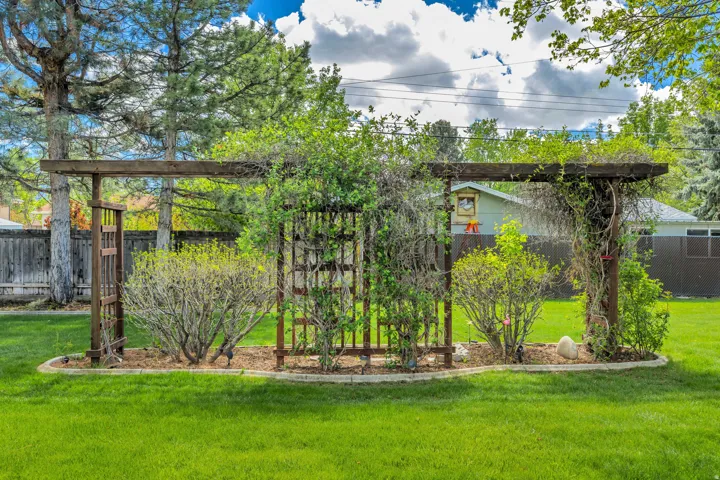 Landscaped garden bed with a wooden arbor, established plantings, and a lush lawn