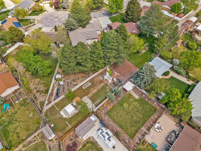 Expansive property featuring mature trees, landscaped grounds, a detached shed, a manicured lawn, and a paved patio area