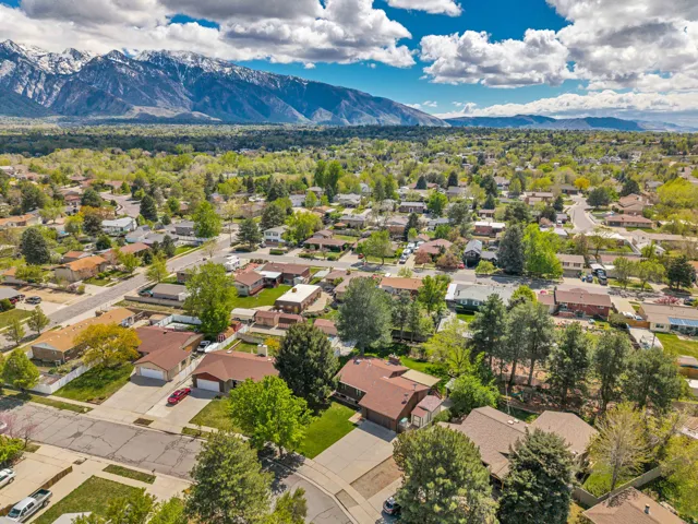 Residential neighborhood featuring varied rooflines and mature landscaping with a prominent mountain backdrop