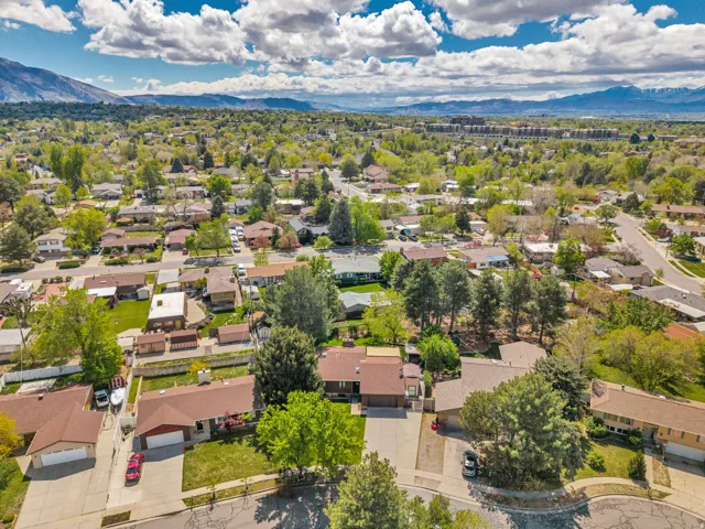 Expansive residential area featuring numerous mature trees, with a mountain range backdrop