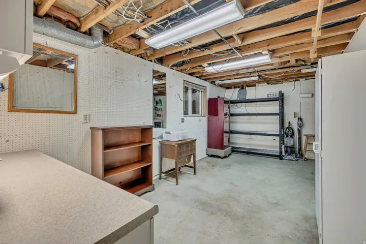 Concrete flooring with exposed ceiling joists, fluorescent overhead lighting, and built-in storage shelving