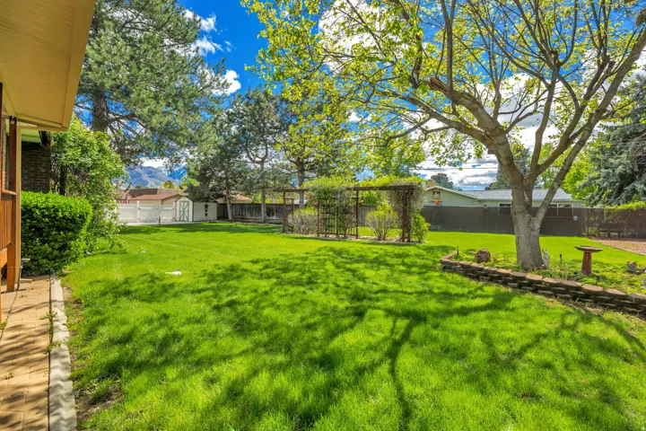Expansive green lawn with mature trees, established landscaping, and a garden trellis