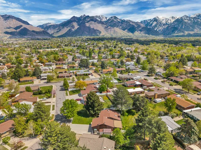 Residential neighborhood with mature trees and mountain scenery
