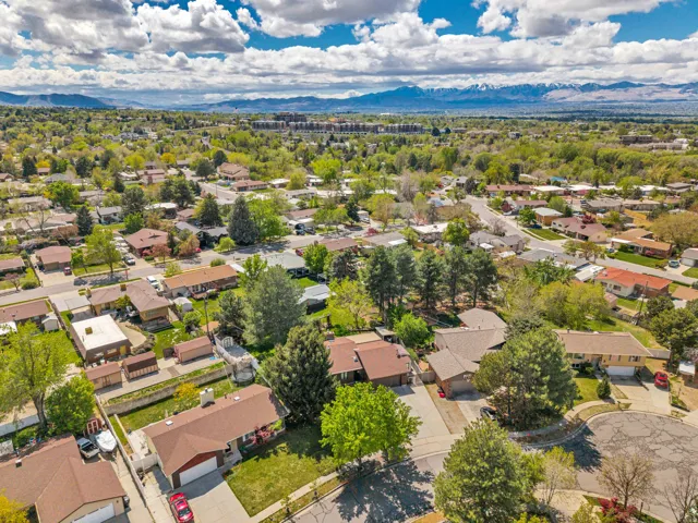 Residential neighborhood with mature trees and mountain scenery