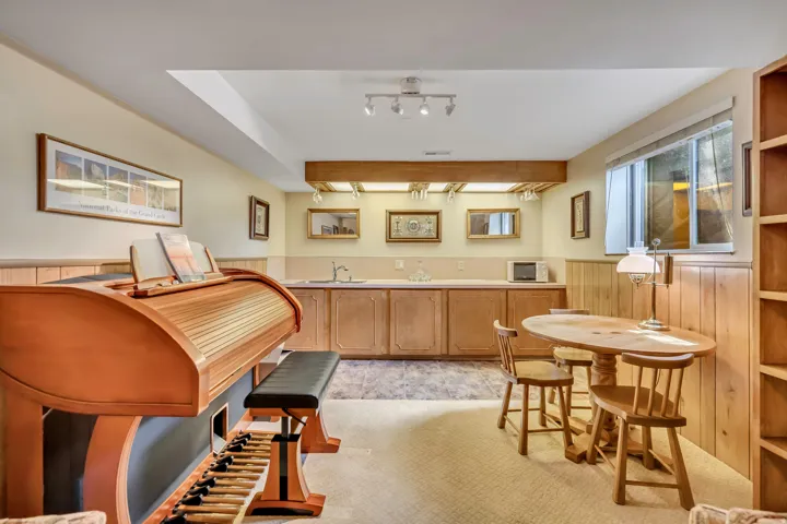 Lower level recreation area featuring a wet bar with wood-finish cabinetry, a built-in sink, and track lighting