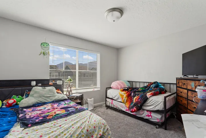 Window with blinds, wall-to-wall carpeting, and flush mount lighting