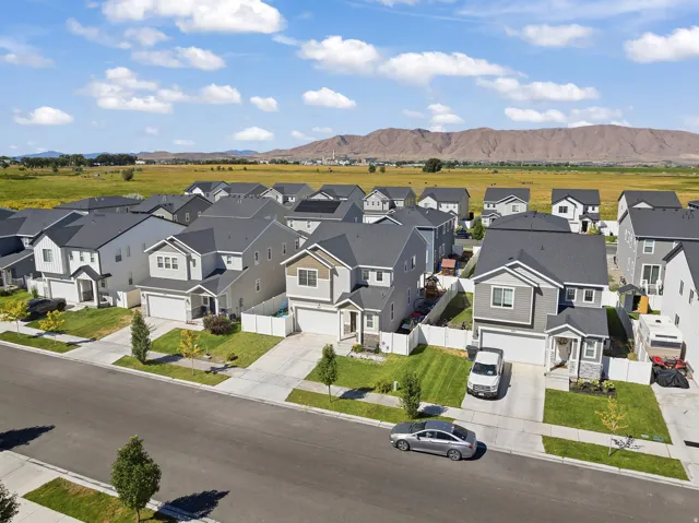 Newly constructed residential neighborhood with mountain backdrop