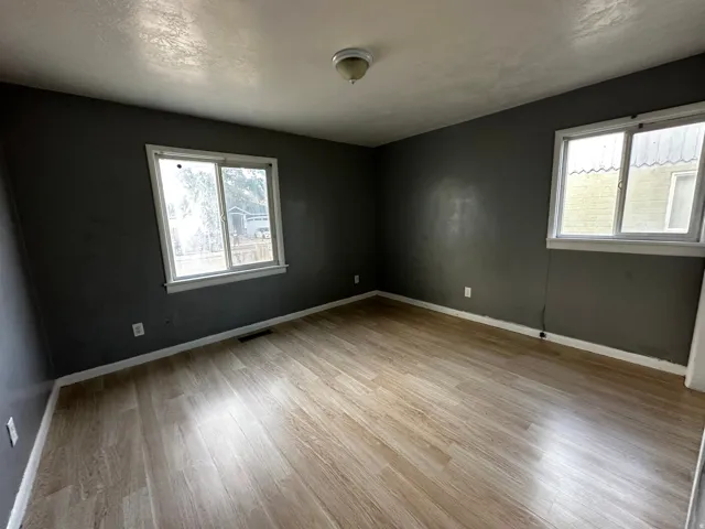 Wood-finish flooring, two windows with white trim, and a ceiling-mounted light fixture