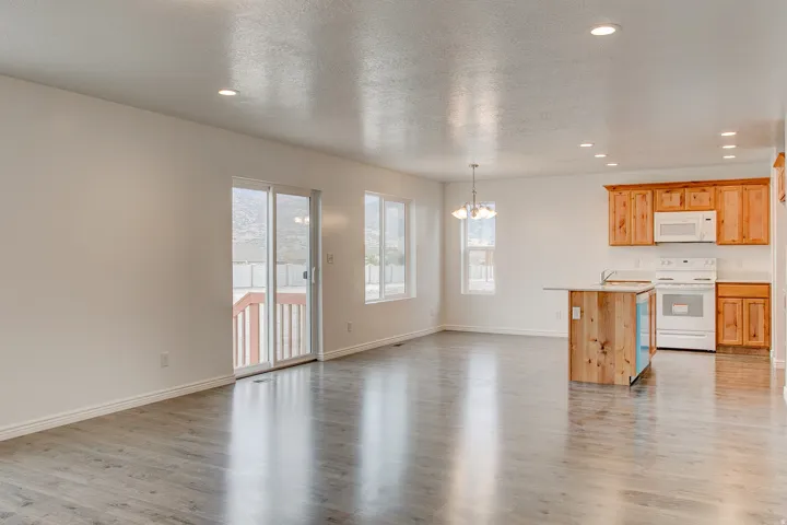 Open-concept living area with wood-finish flooring, recessed lighting, and a sliding glass door