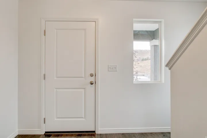 White panel door with brass hardware, wood-finish flooring, and natural light from a window