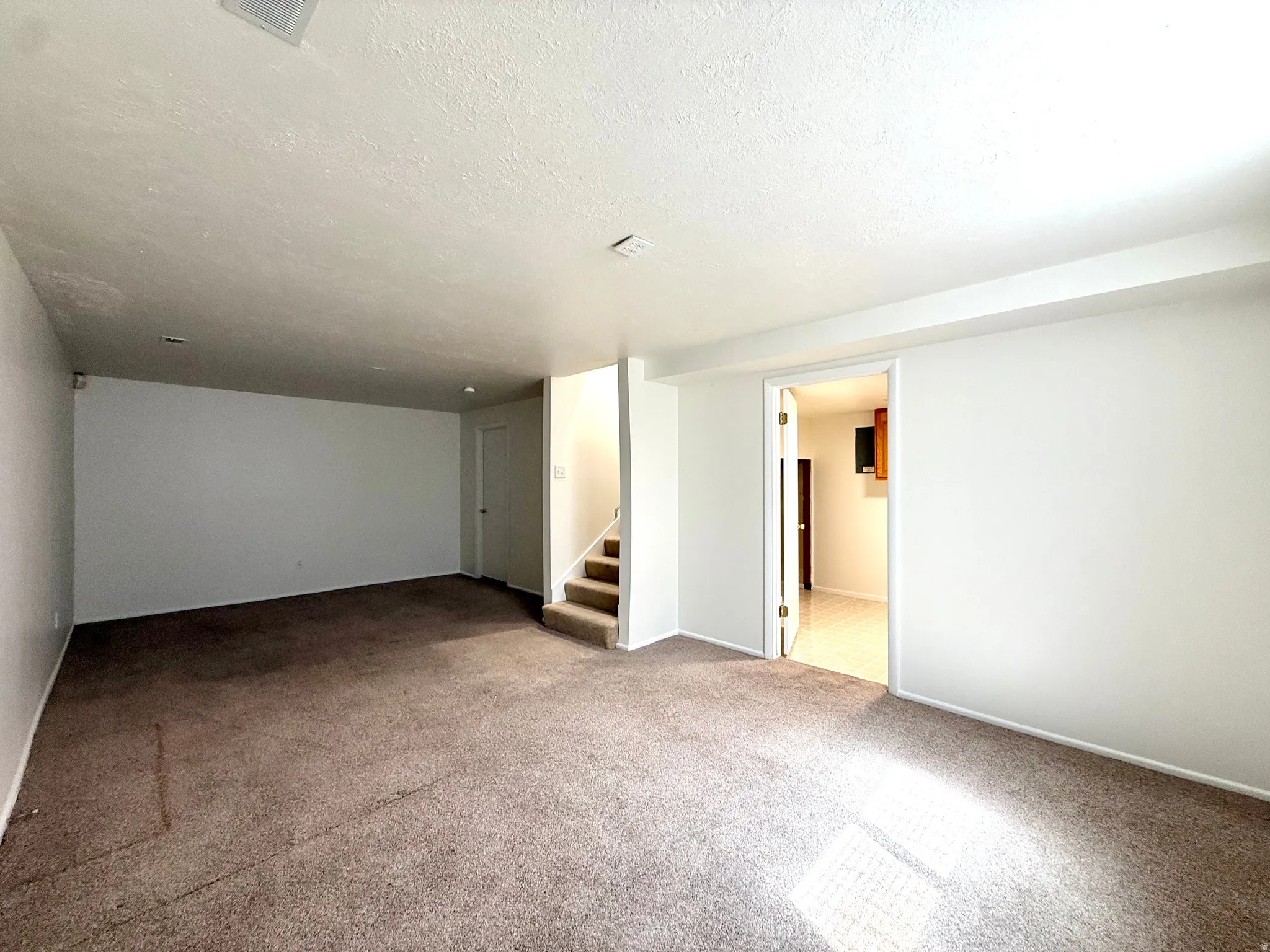 Carpeted flooring, white walls, and a staircase with carpeted treads