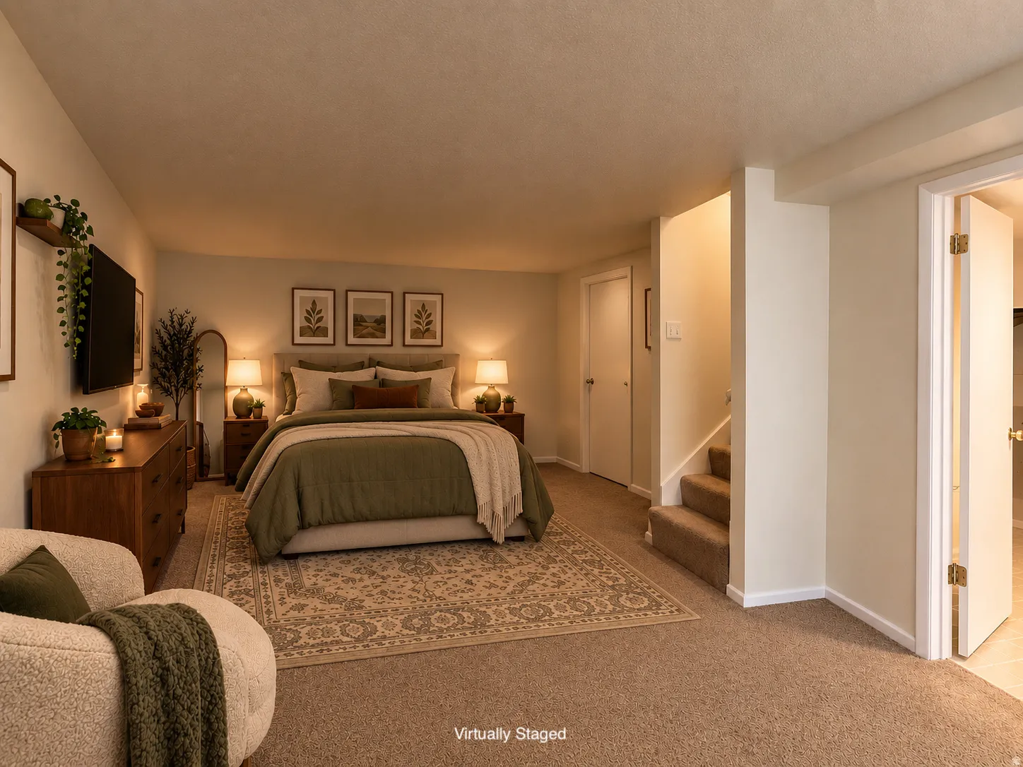 Virtually Staged picture of basement with bedroom set in the Northwest Corner.