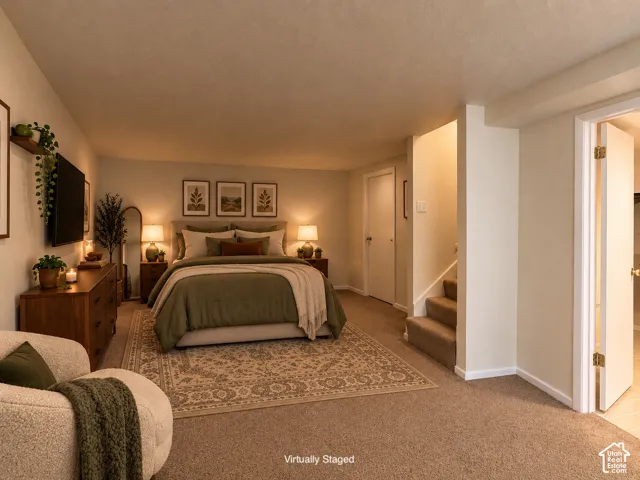 Virtually Staged picture of basement with bedroom set in the Northwest Corner.