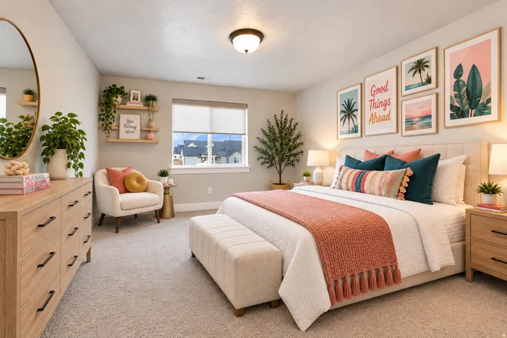 Virtually Staged for Decor Ideas. Carpeted flooring, window with roller shade, built-in shelving, ceiling-mounted light fixture, and upholstered bed frame