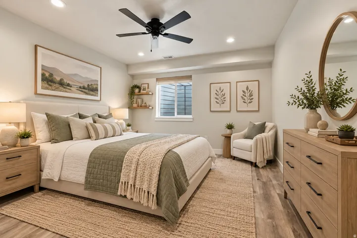 Virtually Staged for Decor Ideas.. Recessed lighting, ceiling fan, wood-finish flooring, built-in window, and floating shelves