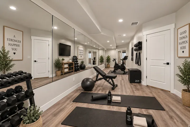 Virtually Staged for Decor Ideas. Dedicated fitness area featuring extensive wall-mounted mirrors, recessed lighting, and wood-finish flooring