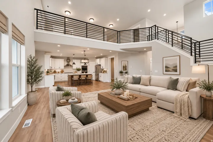 Expansive open-concept living area featuring a two-story ceiling and wood-finish flooring