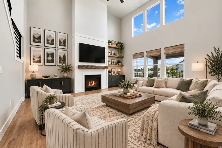 Virtually Staged for Decor Ideas. Two-story living area featuring a fireplace with wood mantel, multiple large windows, wood-finish flooring, and a black metal staircase railing.