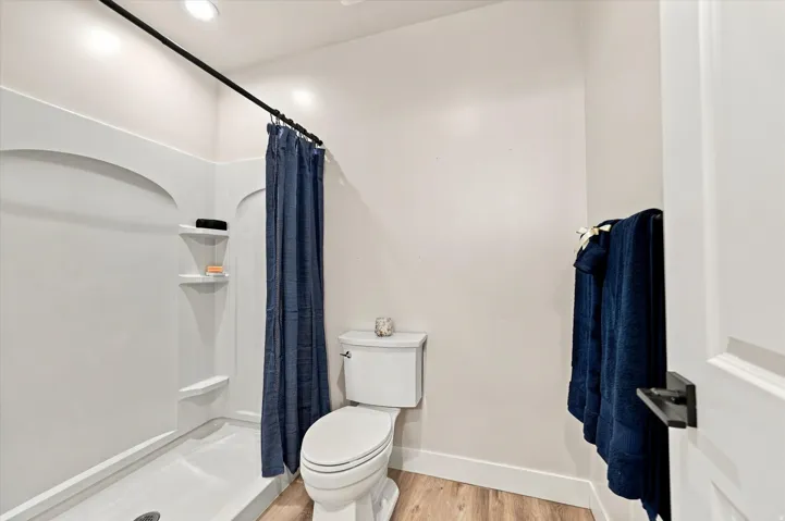 Integrated shower with built-in shelving, white toilet, wood-finish flooring, and black hardware.