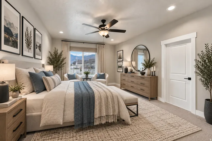 Virtually Staged for Decor Ideas. Owners romantic suite, with walk-in bathroom with separate tub shower, sinks, closets. This room has it all.