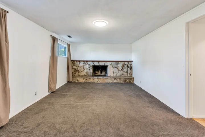 Lower level family room has wood-burning fireplace