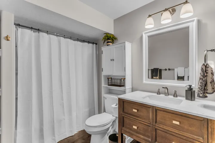 Wood-finish flooring with a white toilet and shower area