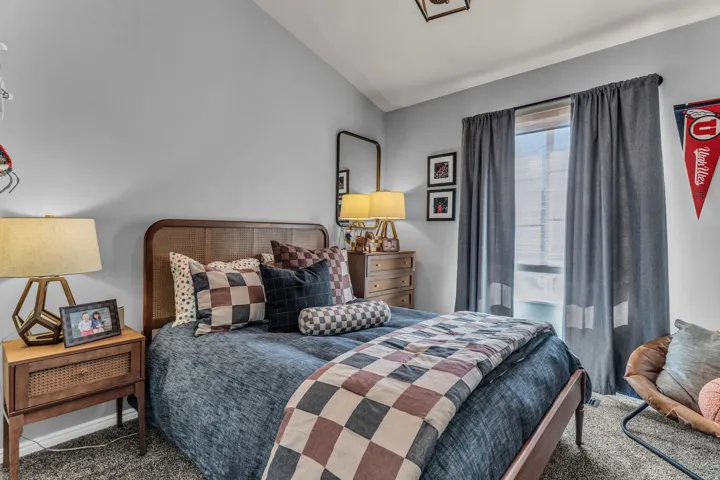 Vaulted ceiling, window with blinds and curtains, wall-to-wall carpeting, and a built-in light fixture