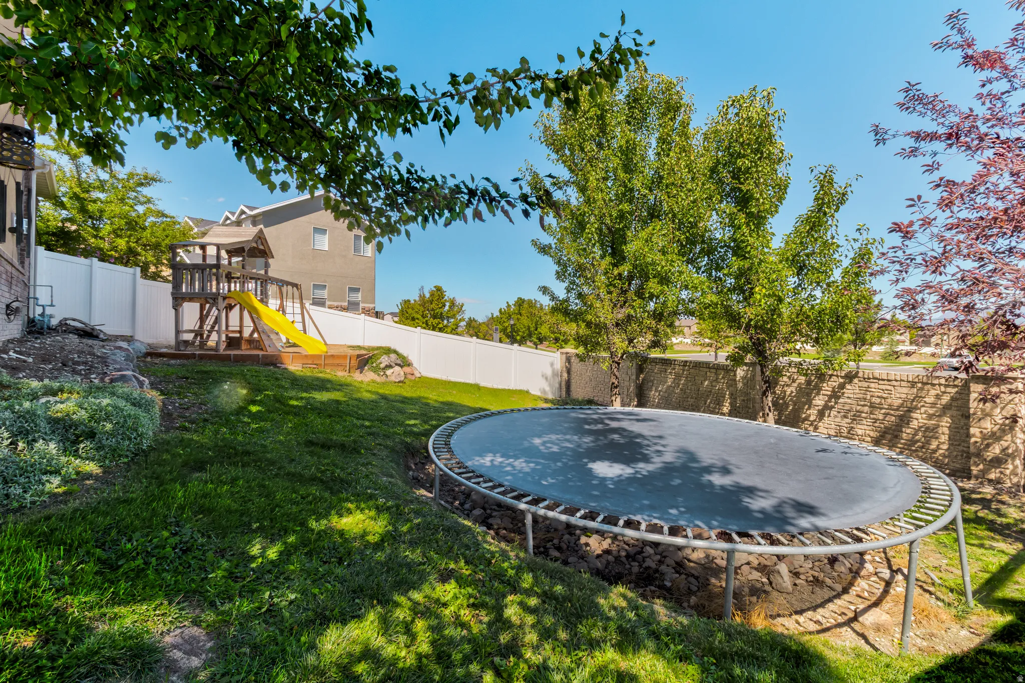 Expansive backyard featuring a manicured lawn, established trees, and a privacy fence