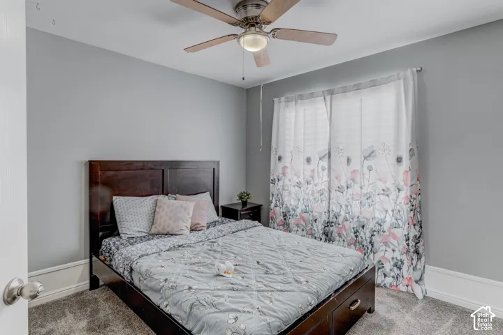 Gray wall paint with white trim, wood-finish bed frame, ceiling fan with integrated lighting, window with curtain rods