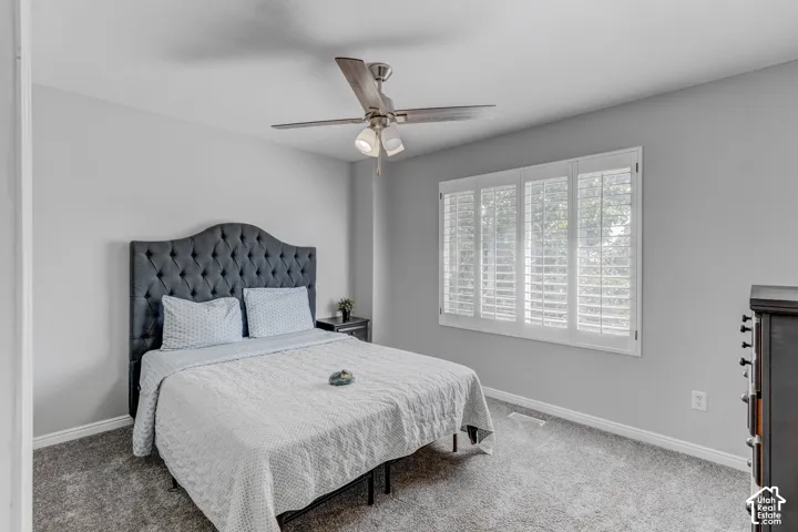 Ceiling fan with integrated lighting, window with white plantation shutters, and light gray wall paint