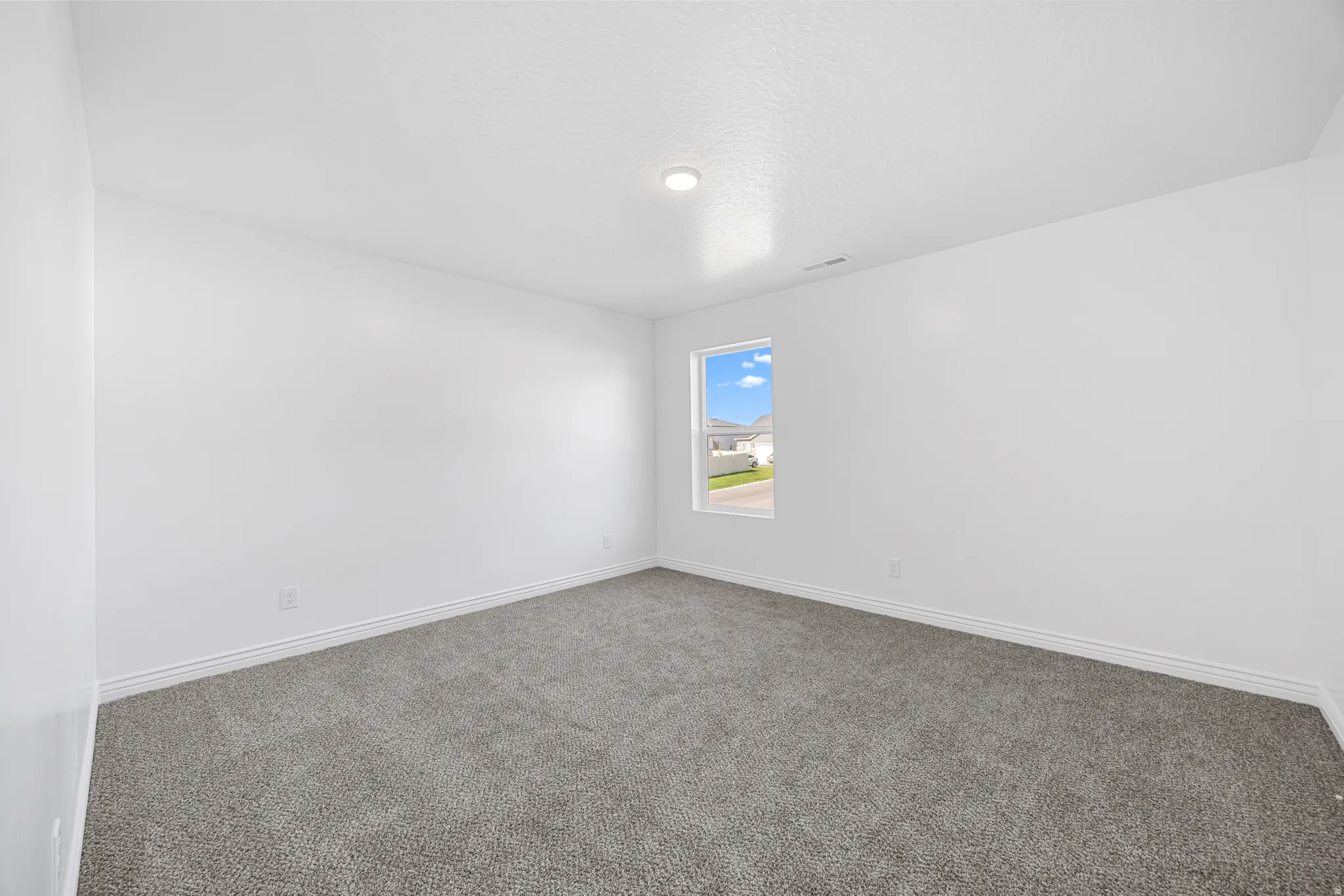 Neutral-toned walls complement the gray carpeting